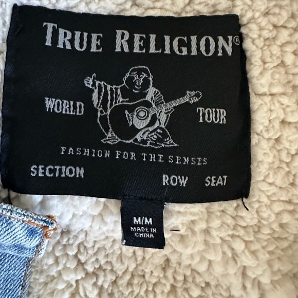True Religion Trucker Jacket  M Sherpa Lined PorkChop Denim Distressed, Classic - Picture 6 of 13